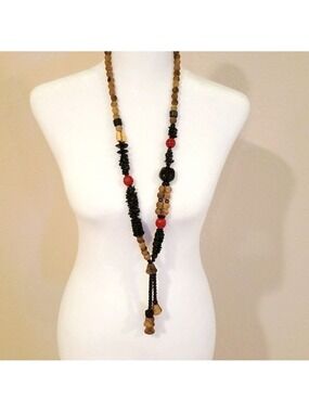 Handmade Long Necklace Mixed Beads Beige Black Red, Bohemian Look.